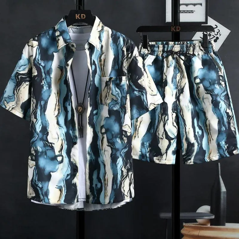 Men's summer fashion Travel Hawaii Plus Size Flower Shirt Cropped Pants