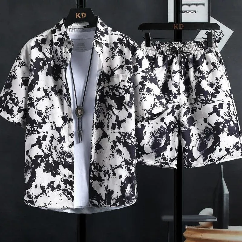 Men's summer fashion Travel Hawaii Plus Size Flower Shirt Cropped Pants