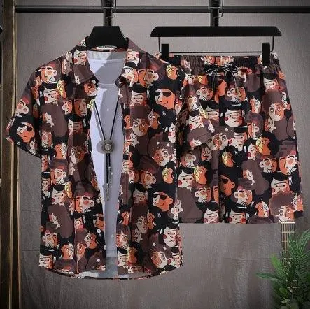 Men's summer fashion Travel Hawaii Plus Size Flower Shirt Cropped Pants