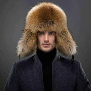 Mens winter hats -Winter Men Real Silver Fox with Leather