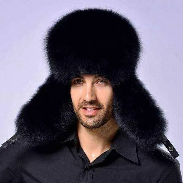 Mens winter hats -Winter Men Real Silver Fox with Leather