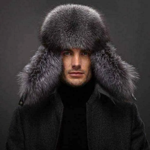 Mens winter hats -Winter Men Real Silver Fox with Leather