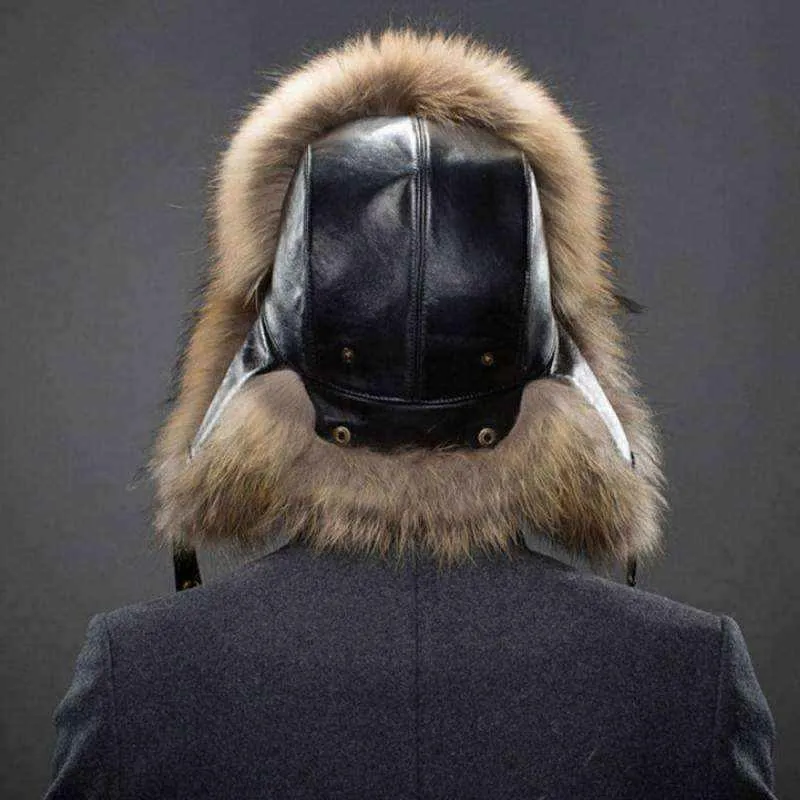 Mens winter hats -Winter Men Real Silver Fox with Leather