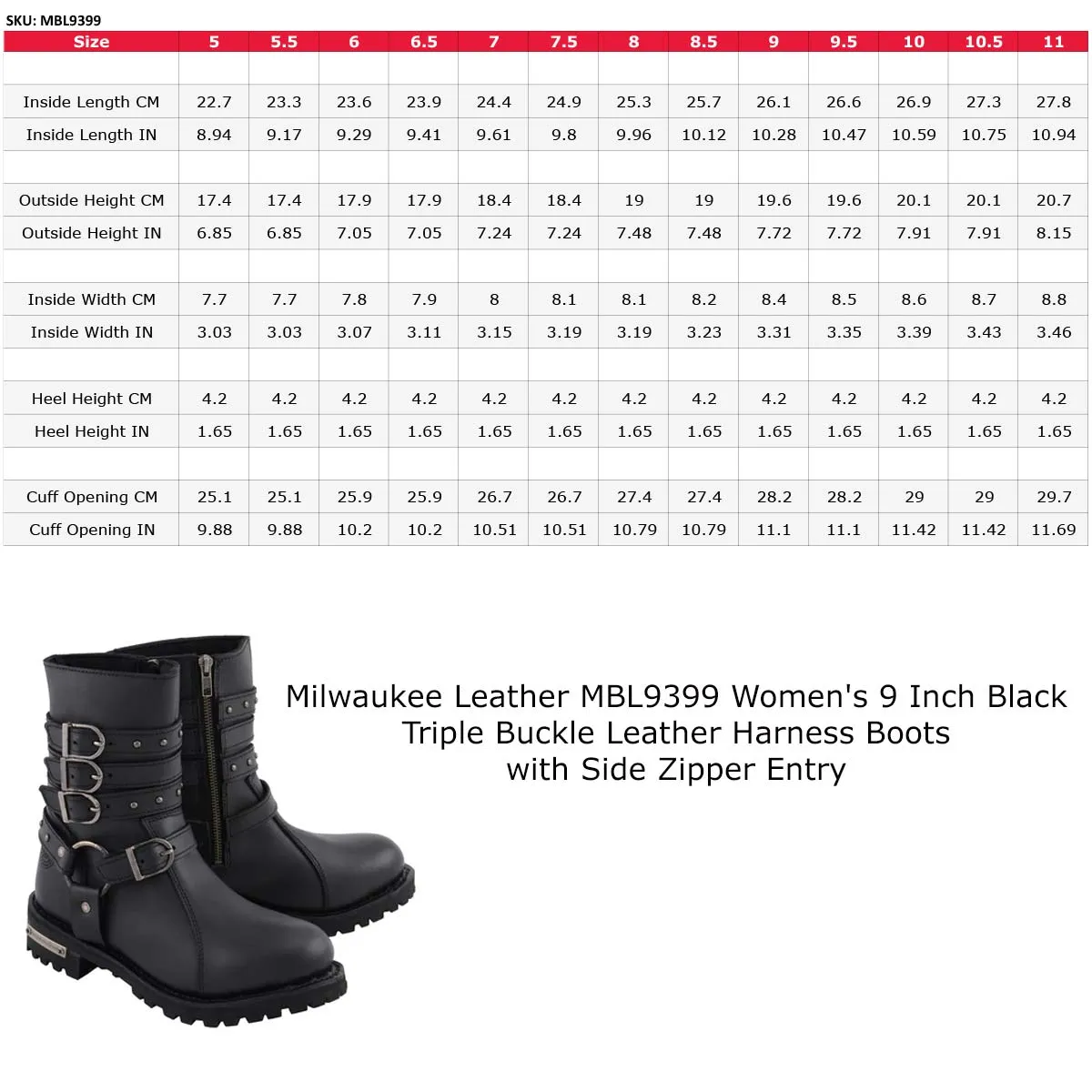 Milwaukee Leather MBL9399 Women's 9-Inch Triple Buckle Black Leather Harness Biker Boots w/ Side Zipper Entry