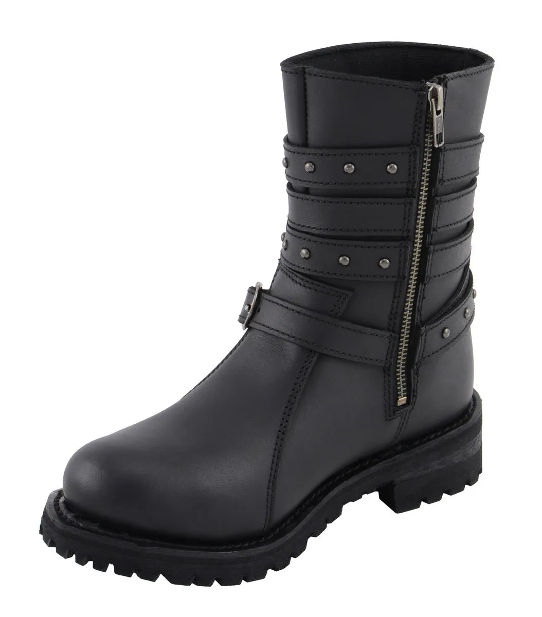 Milwaukee Leather MBL9399 Women's 9-Inch Triple Buckle Black Leather Harness Biker Boots w/ Side Zipper Entry