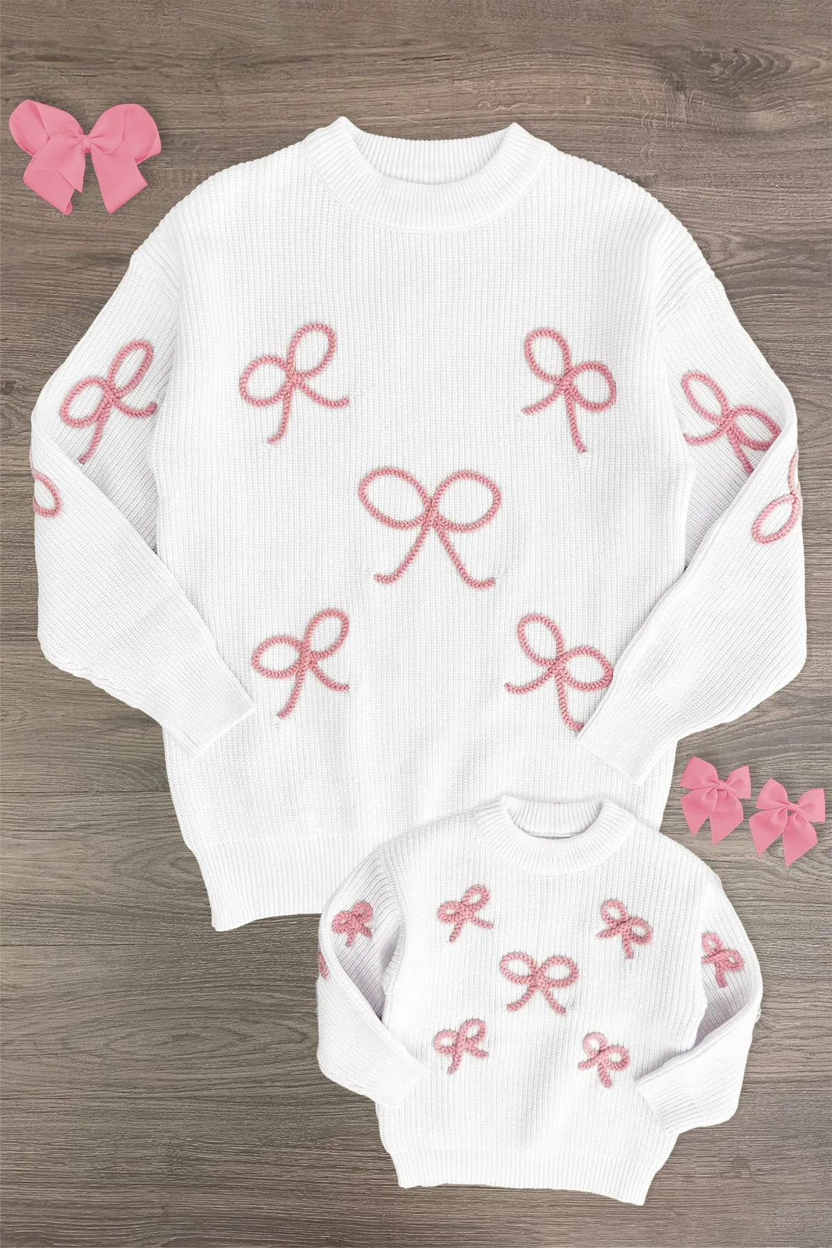 Mom & Me - White & Pink Bow Knit Sweater