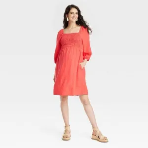 New - Isabel Maternity Women's Linen Midi Maternity Dress Puff Elbow Sleeve