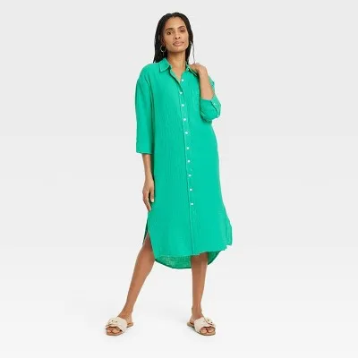 New - Women's 3/4 Sleeve Midi Shirtdress - Universal Thread Green M