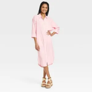 New - Women's 3/4 Sleeve Midi Shirtdress - Universal Thread Pink L