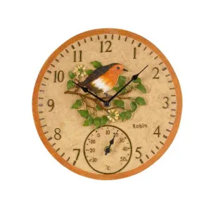 Outdoor Robin Wall Clock and Thermometer