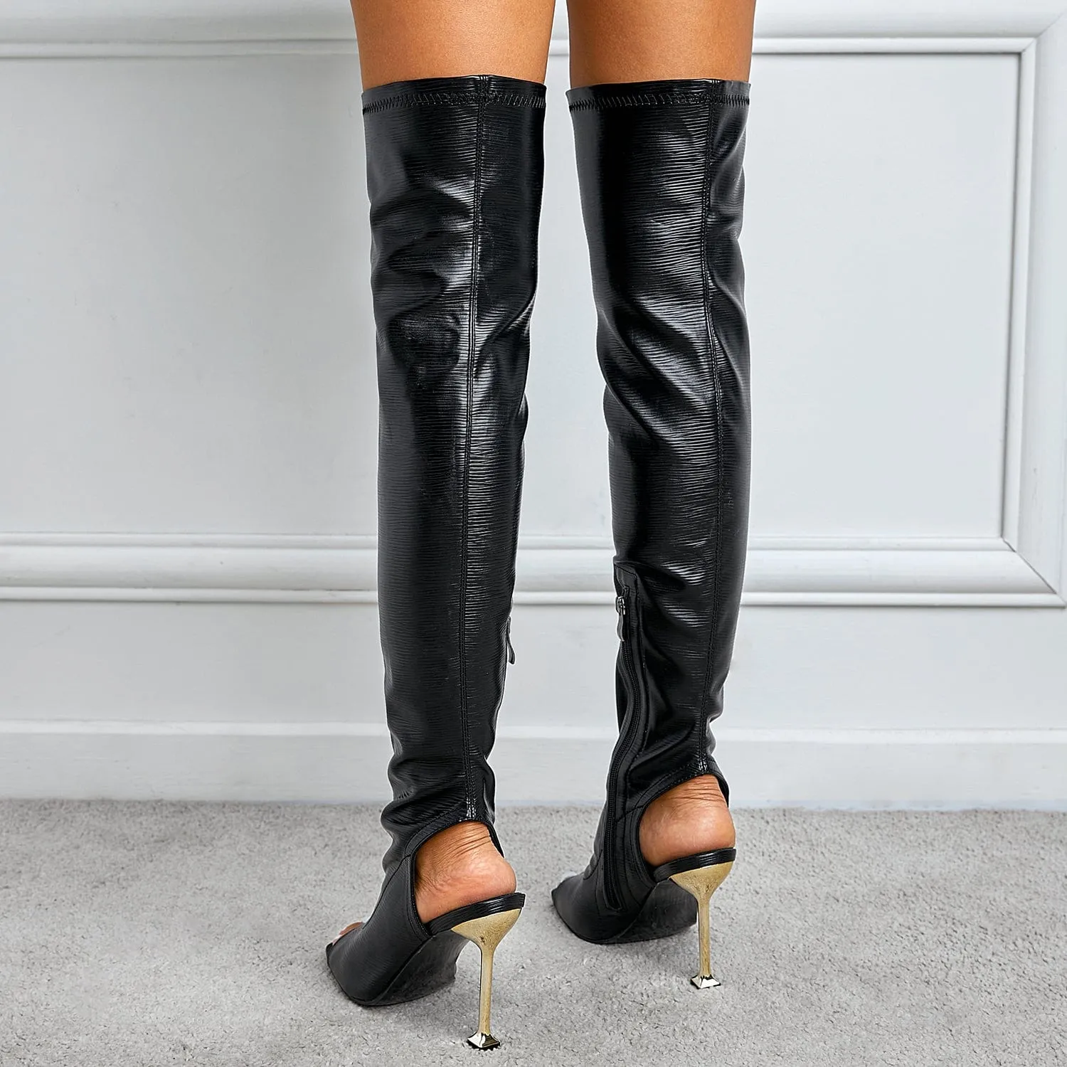 Peep Toe Over Knee Stiletto Heeled Boots