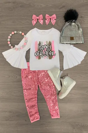 "Happy New Year" Pink Sequin Pant Set