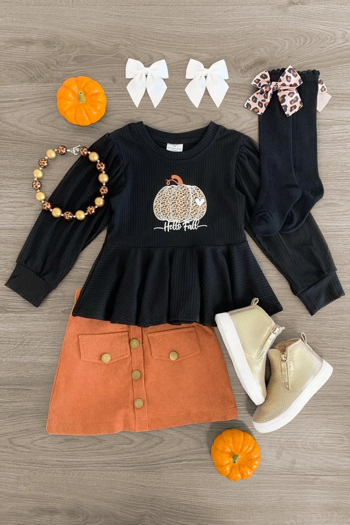 "Hello Fall" Black & Rust Corduroy Skirt Set