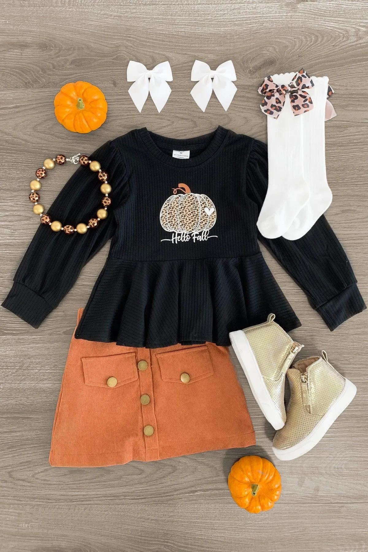 "Hello Fall" Black & Rust Corduroy Skirt Set