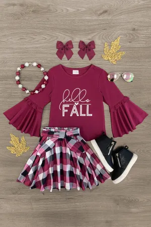 "Hello Fall" Plum Plaid Skirt Set