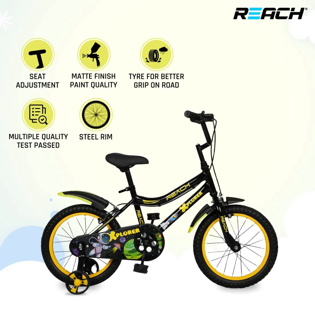 REACH Xplorer Kids Cycle 16T with Training Wheels | for Boys and Girls | 90% Assembled | Frame Size: 12" | Ideal for Height: 3 ft 8 inch  | Ideal for ages 4-8 years