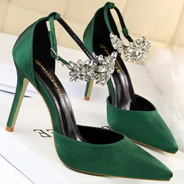 Rhinestone Decor Ankle Strap Stiletto Pumps