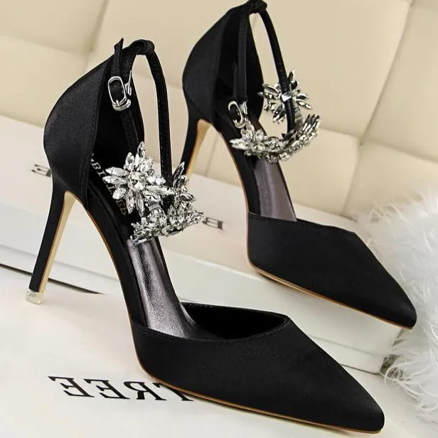 Rhinestone Decor Ankle Strap Stiletto Pumps