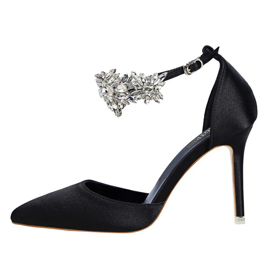 Rhinestone Decor Ankle Strap Stiletto Pumps