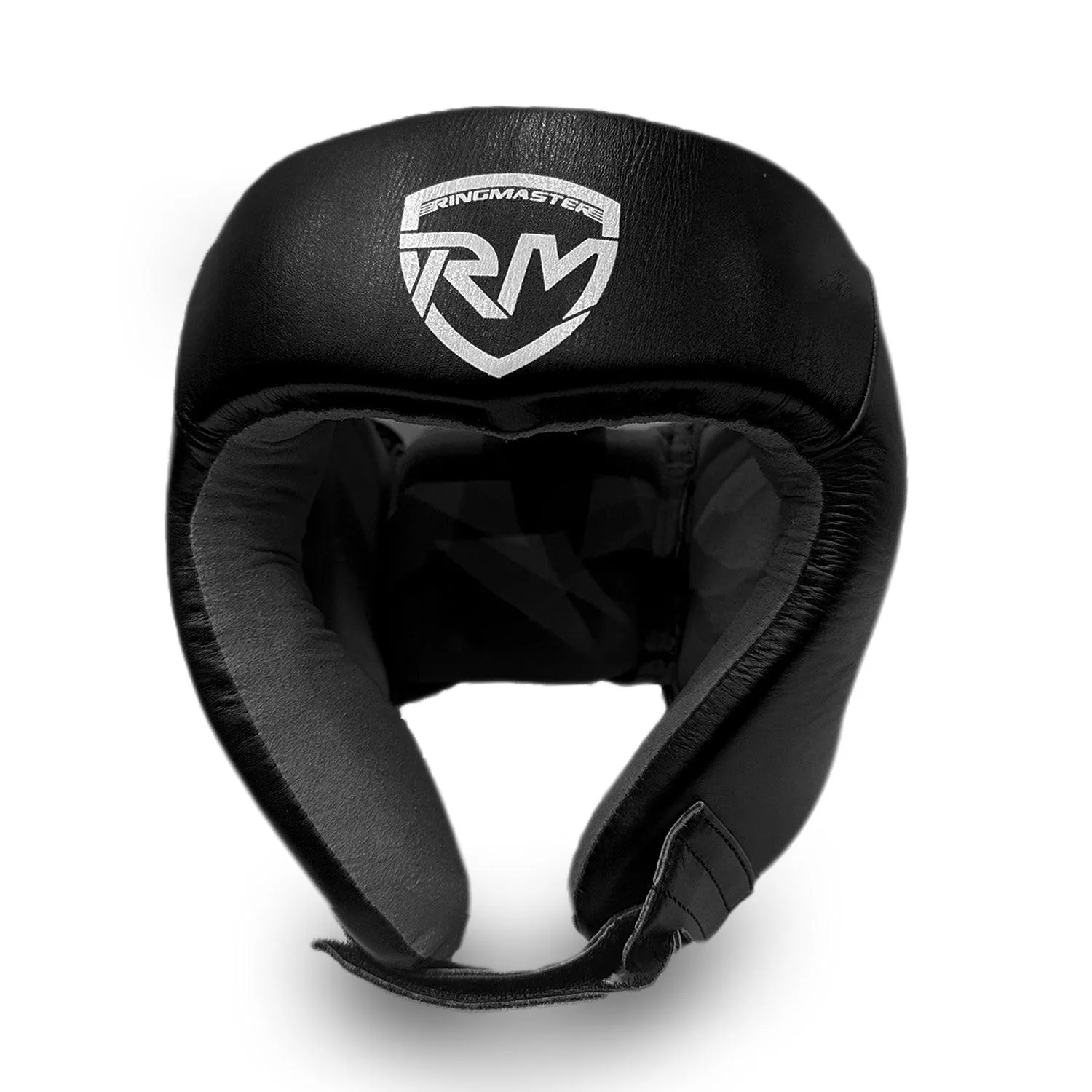 RingMaster Sports Open Face Boxing HeadGuard Genuine Leather Black