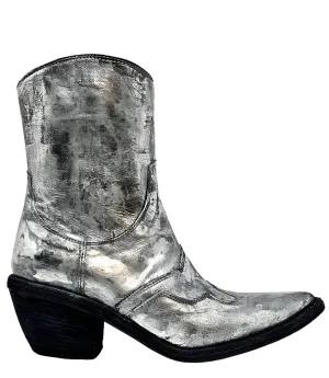 Silver Laminated Pointy Toe Ankle Boot