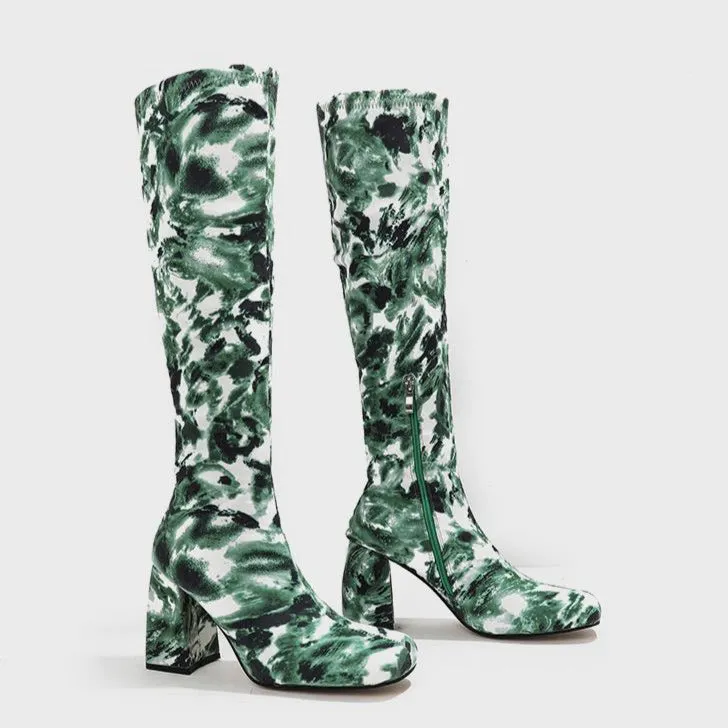 Square Toe Printed Fabric Chunky Heeled  Boots