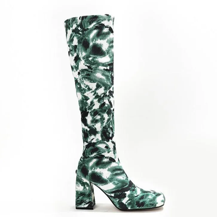 Square Toe Printed Fabric Chunky Heeled  Boots