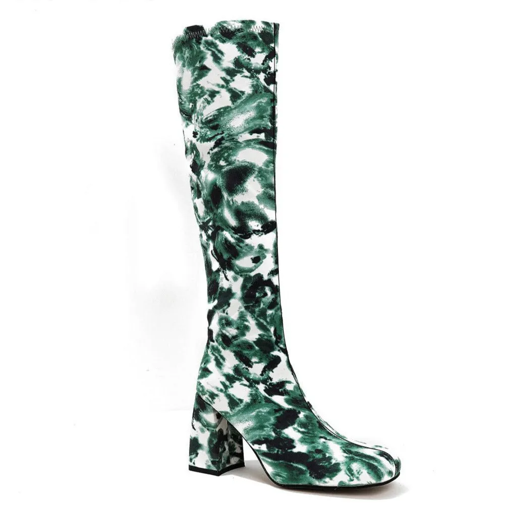 Square Toe Printed Fabric Chunky Heeled  Boots