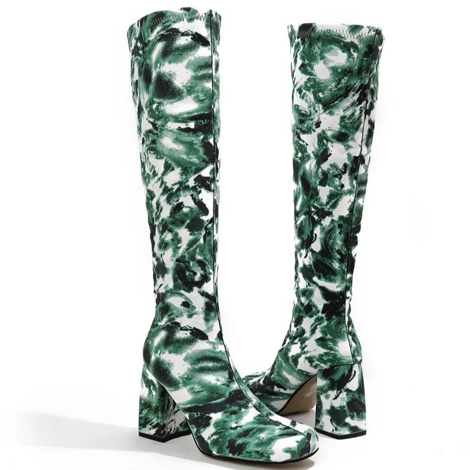 Square Toe Printed Fabric Chunky Heeled  Boots