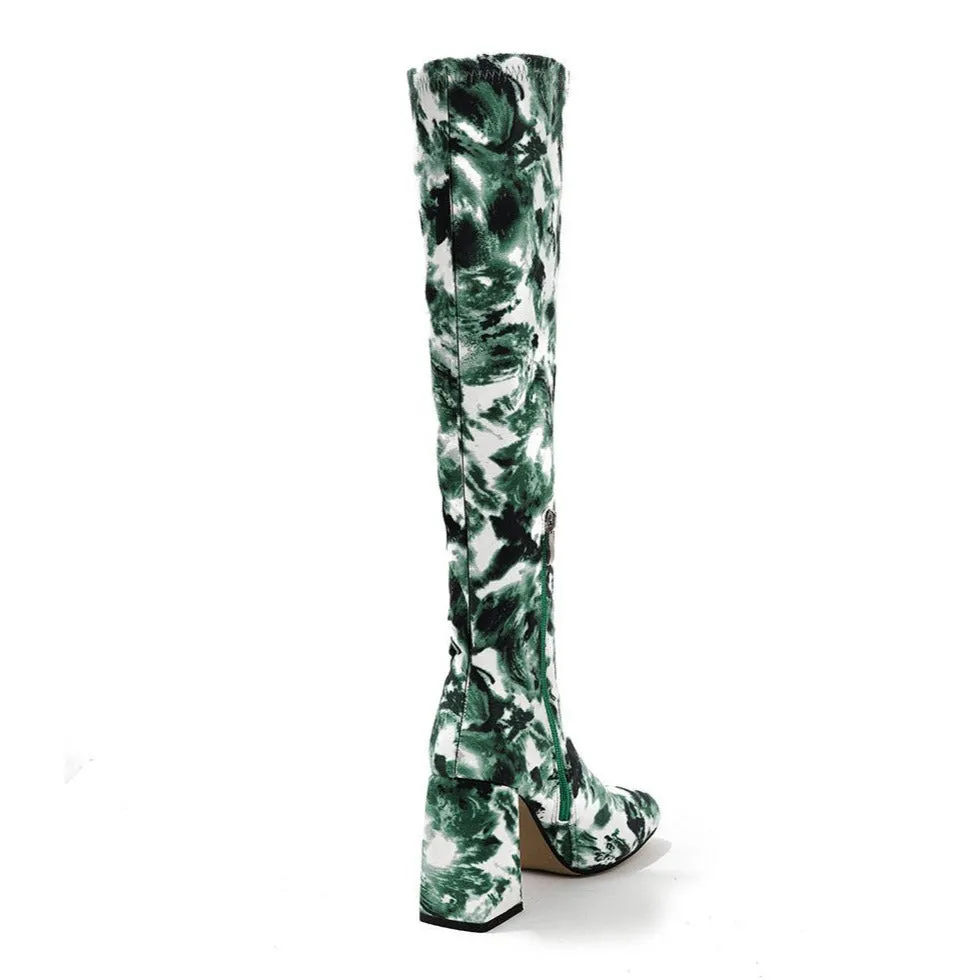 Square Toe Printed Fabric Chunky Heeled  Boots