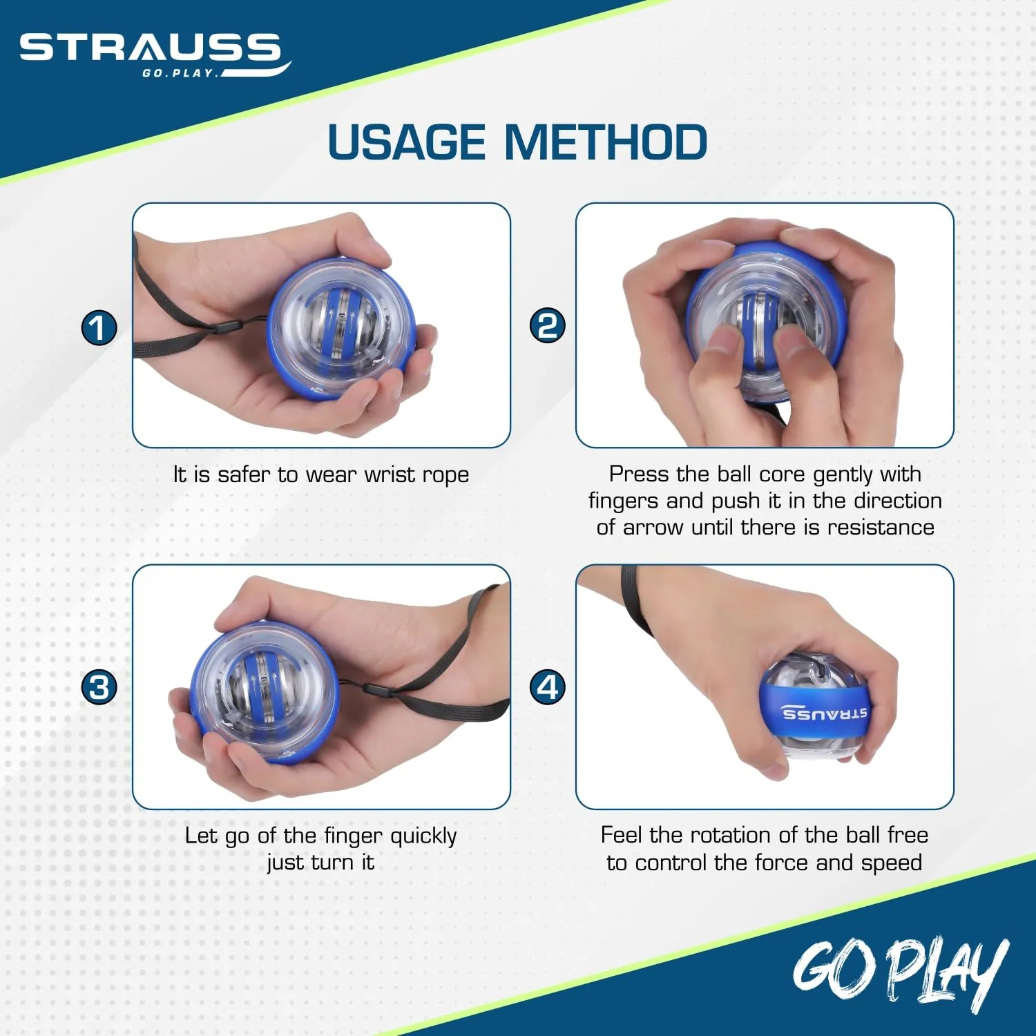 Strauss Wrist Gyro Ball|Ideal For Wrist Training, Strengthening Arms, Fingers, Wrist Bones and Muscle |Power Wrist Ball, Hand Enhancer, Exerciser,Self-Starting Wrist Trainer Ball with LED Light,(Blue)