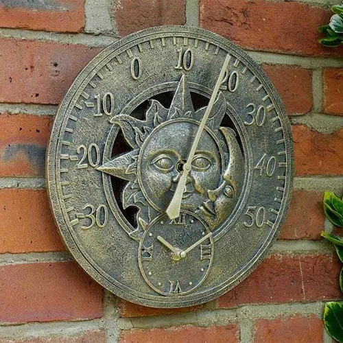 Sun and Moon Wall Thermometer with Clock