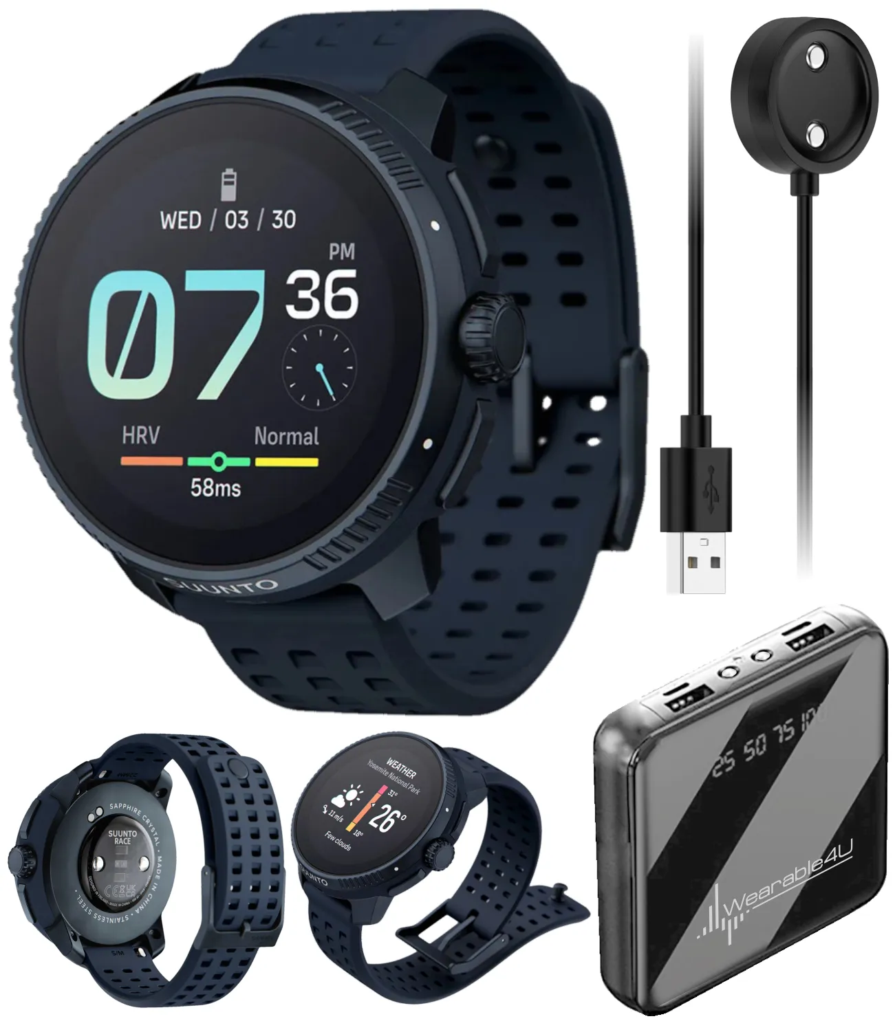 SUUNTO Race Sports 49 mm Smartwatch, GPS Tracker w/Clearer AMOLED Touchscreen, Dual-Band GNSS & Global Offline Map, 26-Day Standby with Wearable4U Power Bank SQ Bundle