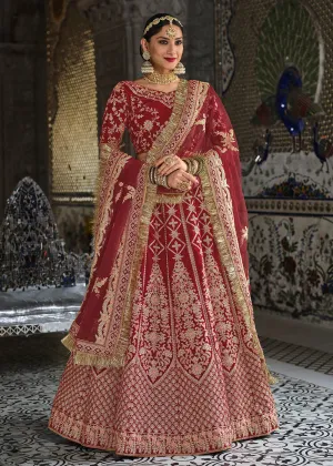 Velvet Maroon Fancy Embroidered Bridal Lehenga Choli