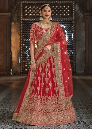 Velvet Maroon Red Stone Embroidered Bridal Lehenga Choli