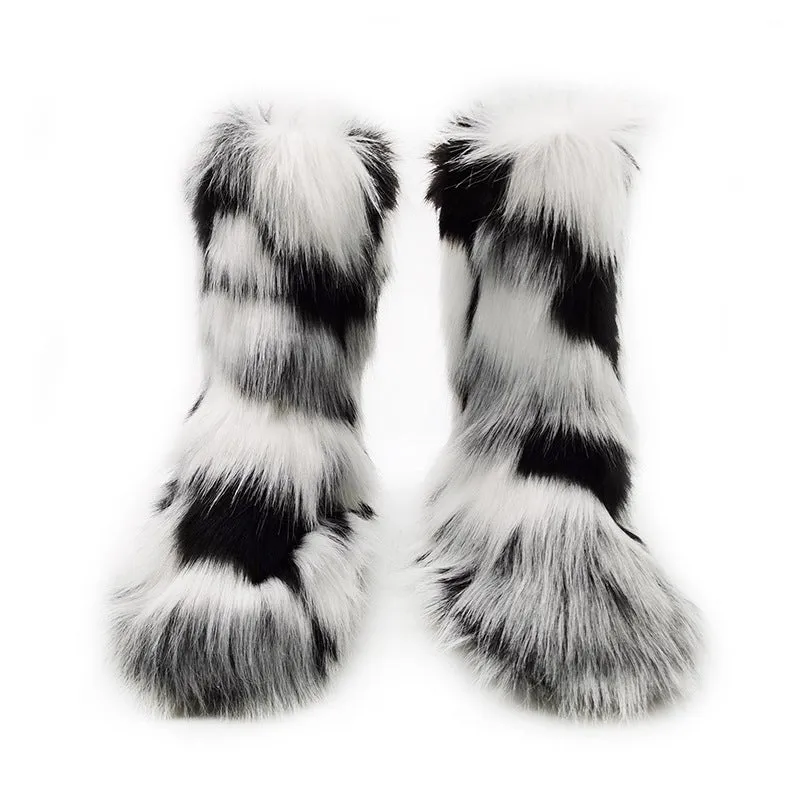 Women winter warm faux fur mid calf slip on snow boots