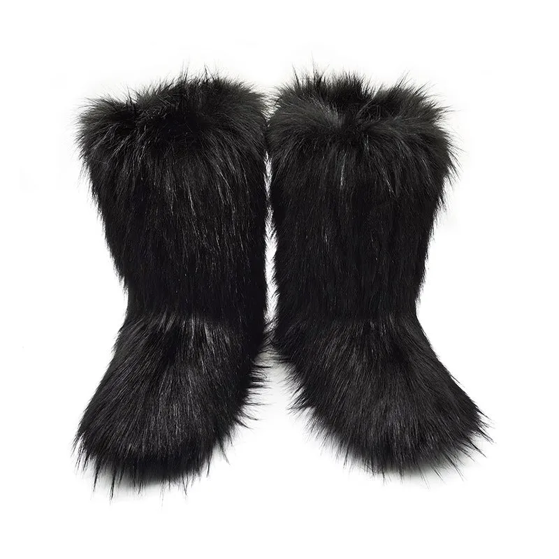 Women winter warm faux fur mid calf slip on snow boots