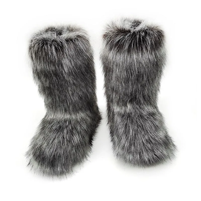 Women winter warm faux fur mid calf slip on snow boots