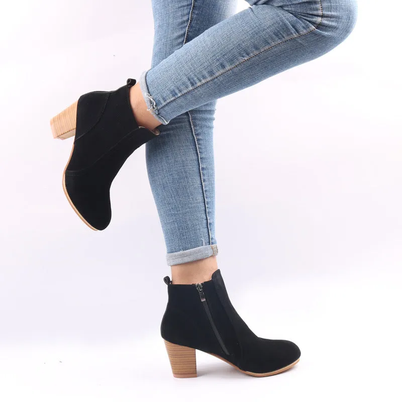 Women's faux suede chunky heels booties with side zipper ankle boots