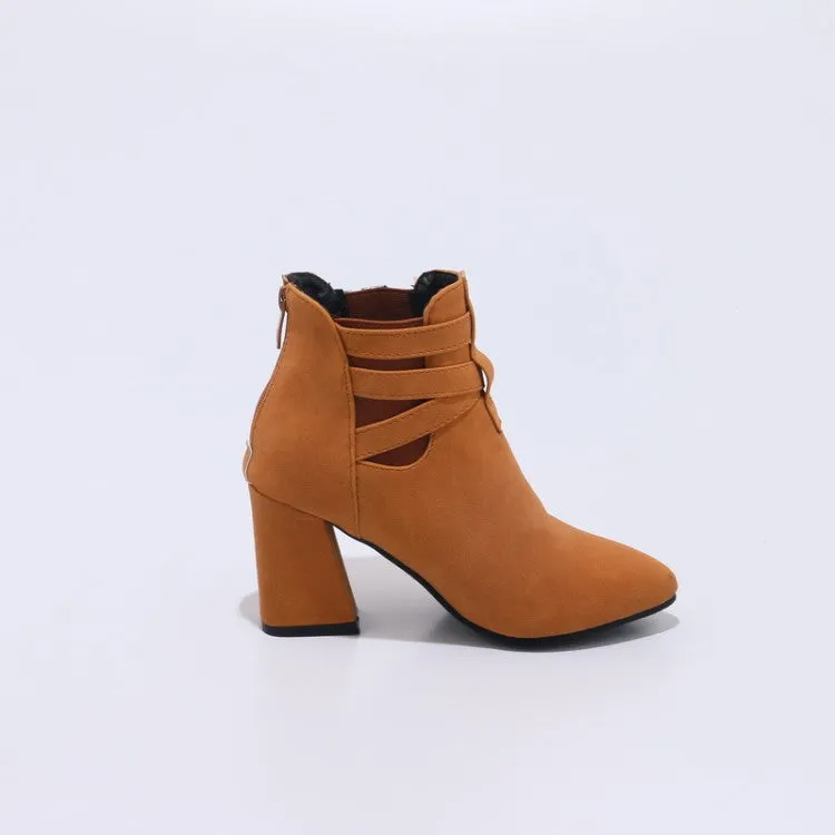 Women's Flock Pointed Toe Metal Buckle Straps Block Chunky Heel Short Boots