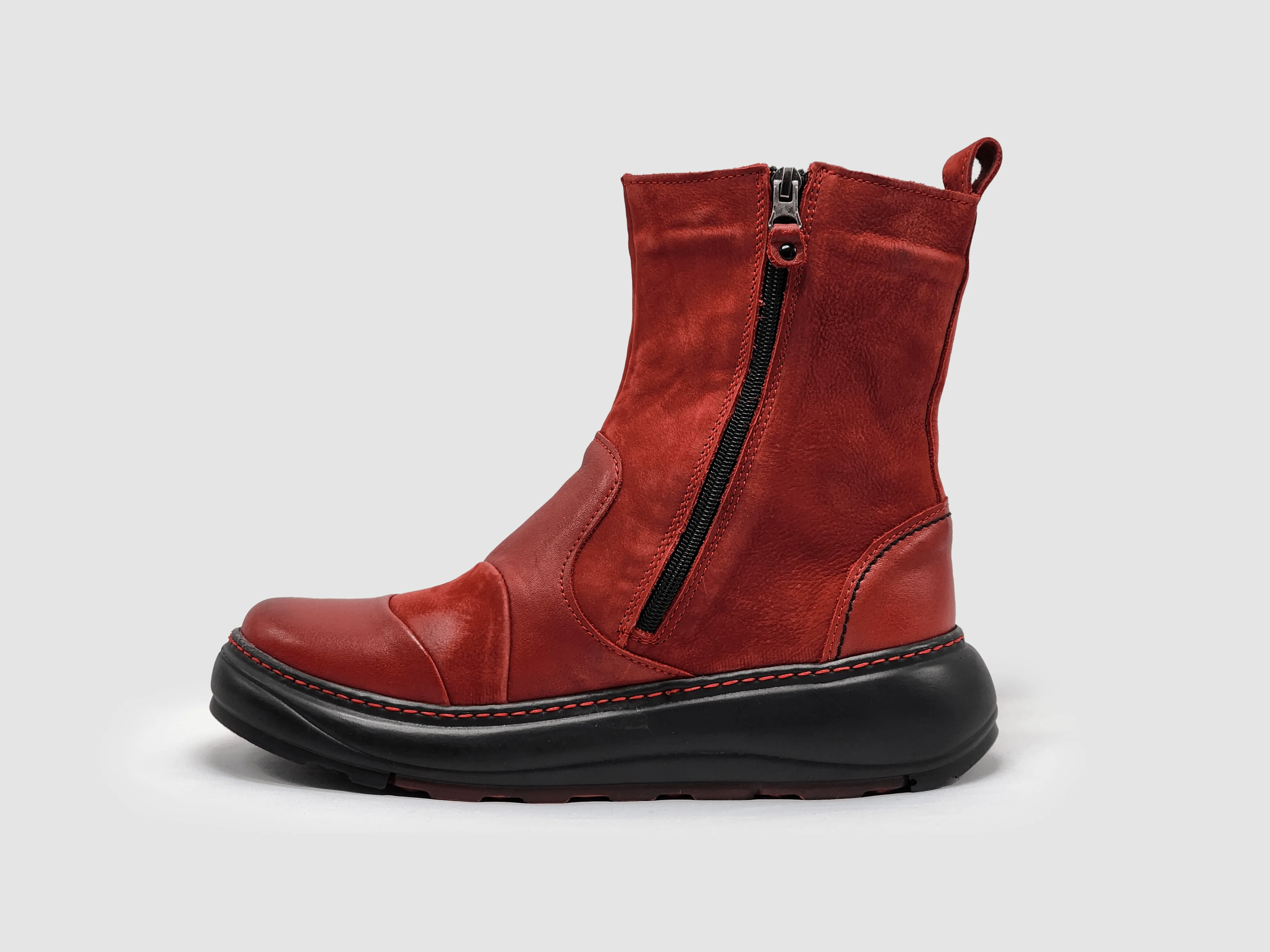 Women's Retro Wool-Lined Zip-Up Leather Boots - Red